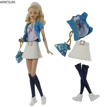 Mavi Beyaz Elbise Seti barbie bebek Kıyafetler Üstleri Deri Etek Çorap Ayakkabı Çantası Barbie 1/6 Bebek Aksesuarları Oyuncaklar