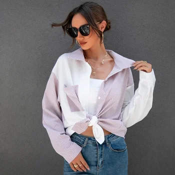 Moda Patchwork Çizgili Tişörtleri Kadın Yaka Casual Commute Tops Sonbahar Kış Kontrast Renk Tees Zarif Streetwear Giyim