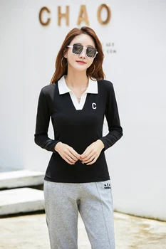 Sonbahar Uzun Kollu Kadın Gömlek Polo Örgü Patchwork V Boyun kadın T Shirt Kore Tarzı Rahat Kadın kazaklar