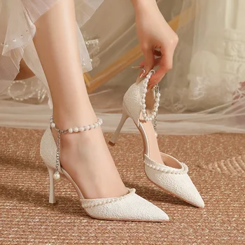 Boyutu 30-44 İnciler Kayış Yüksek Topuklu Dantel Kadın Beyaz Düğün Ayakkabı Stiletto Topuk Noktası Toe Gelin Nedime