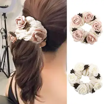 Zarif Kore Kafa Bandı Kalın Pembe Beyaz Gül Çiçek Saç Bağları Kadın Kızlar At Kuyruğu Şapkalar Pan saç aksesuarları Scrunchies