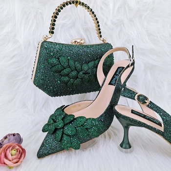 Yeşil Renk Glitter Kumaş Şık Ve Zarif Giymek için Rahat Sığ Sivri Burun Yüksek Topuklu Ayakkabı ve Çanta Düğün İçin